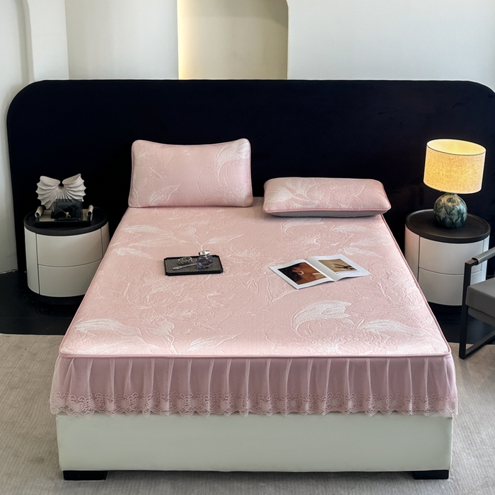 91家纺网 家纺一手货源 找家纺 布柔 2026新款PE床笠床裙凉席中分子双面提花复合凉豆豆软席二合一可机洗 花韵粉