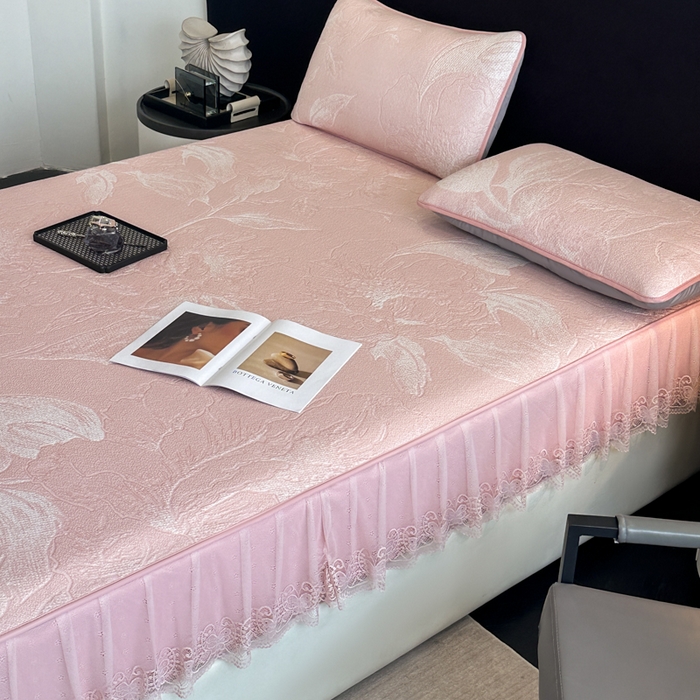 91家纺网 家纺一手货源 找家纺 布柔 2026新款PE床笠床裙凉席中分子双面提花复合凉豆豆软席二合一可机洗 花韵粉