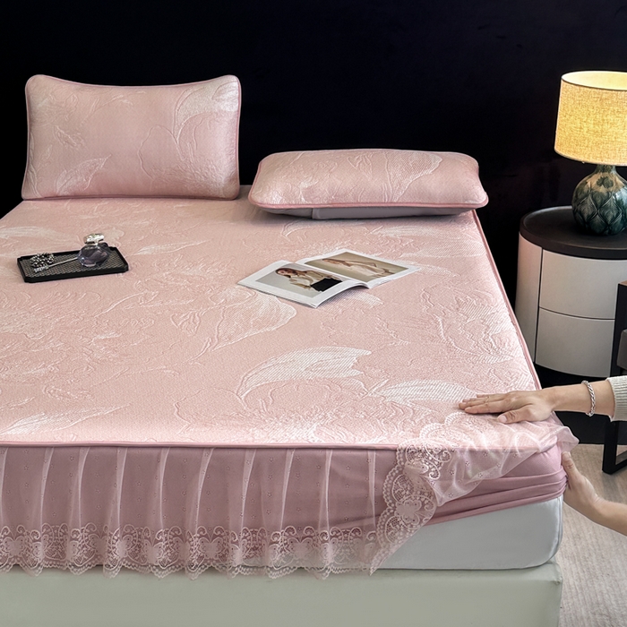 91家纺网 家纺一手货源 找家纺 布柔 2026新款PE床笠床裙凉席中分子双面提花复合凉豆豆软席二合一可机洗 花韵粉