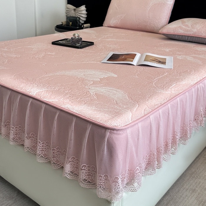 91家纺网 家纺一手货源 找家纺 布柔 2026新款PE床笠床裙凉席中分子双面提花复合凉豆豆软席二合一可机洗 花韵粉