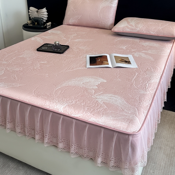 91家纺网 家纺一手货源 找家纺 布柔 2026新款PE床笠床裙凉席中分子双面提花复合凉豆豆软席二合一可机洗 花韵粉