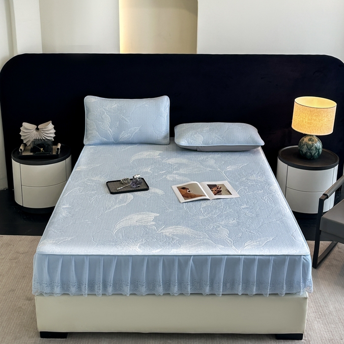 91家纺网 家纺一手货源 找家纺 布柔 2026新款PE床笠床裙凉席中分子双面提花复合凉豆豆软席二合一可机洗 花韵蓝