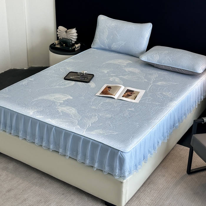 91家纺网 家纺一手货源 找家纺 布柔 2026新款PE床笠床裙凉席中分子双面提花复合凉豆豆软席二合一可机洗 花韵蓝