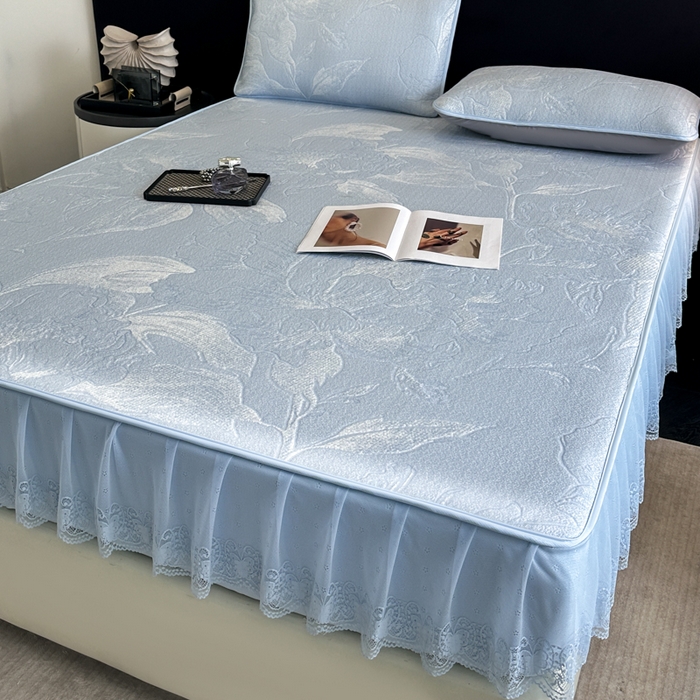 91家纺网 家纺一手货源 找家纺 布柔 2026新款PE床笠床裙凉席中分子双面提花复合凉豆豆软席二合一可机洗 花韵蓝