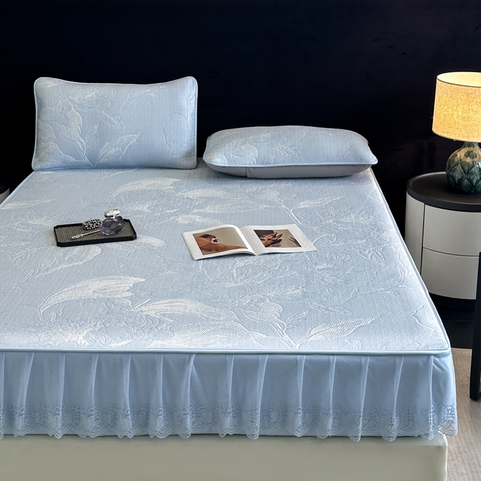 91家纺网 家纺一手货源 找家纺 布柔 2026新款PE床笠床裙凉席中分子双面提花复合凉豆豆软席二合一可机洗 花韵蓝