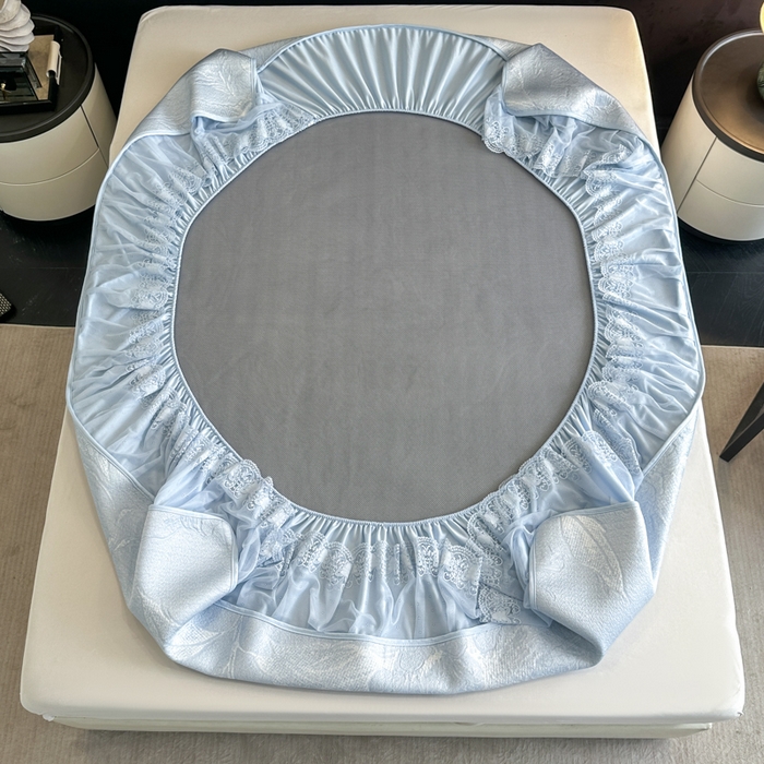 91家纺网 家纺一手货源 找家纺 布柔 2026新款PE床笠床裙凉席中分子双面提花复合凉豆豆软席二合一可机洗 花韵蓝