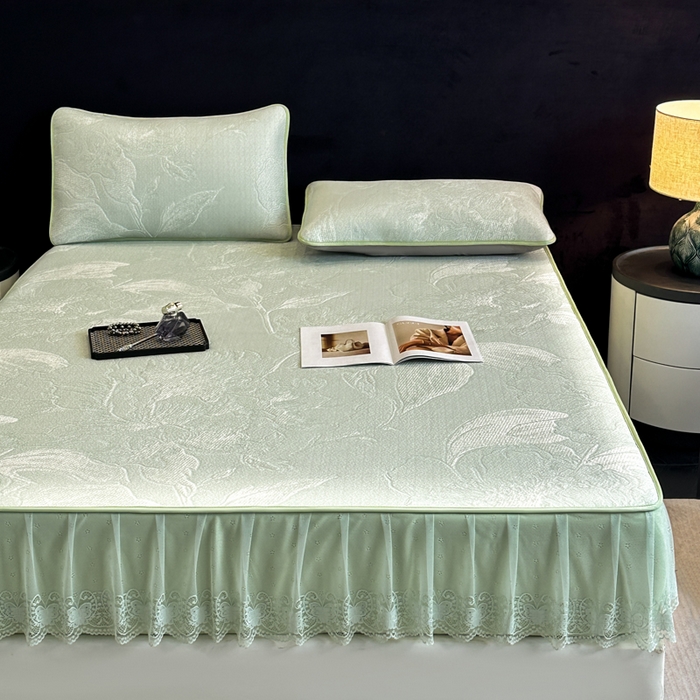 91家纺网 家纺一手货源 找家纺 布柔 2026新款PE床笠床裙凉席中分子双面提花复合凉豆豆软席二合一可机洗 花韵绿