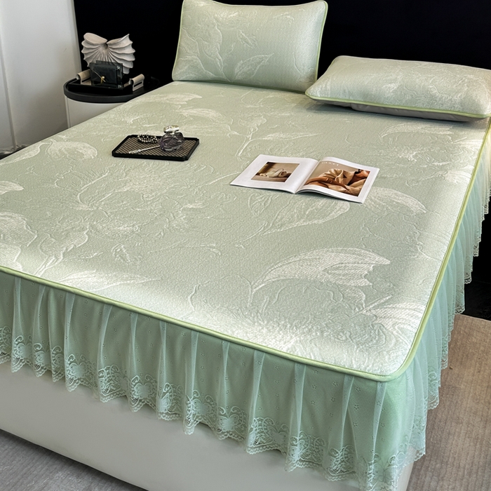 91家纺网 家纺一手货源 找家纺 布柔 2026新款PE床笠床裙凉席中分子双面提花复合凉豆豆软席二合一可机洗 花韵绿