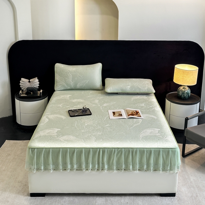 91家纺网 家纺一手货源 找家纺 布柔 2026新款PE床笠床裙凉席中分子双面提花复合凉豆豆软席二合一可机洗 花韵绿