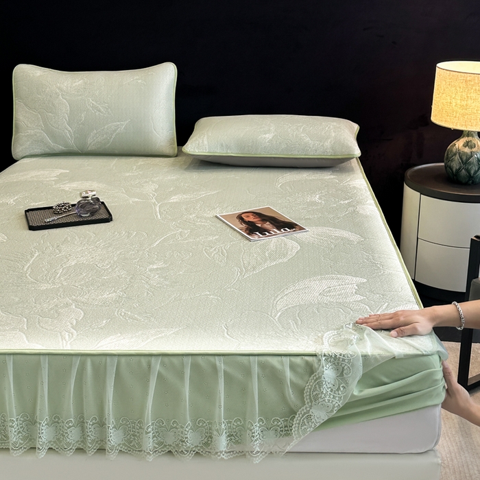 91家纺网 家纺一手货源 找家纺 布柔 2026新款PE床笠床裙凉席中分子双面提花复合凉豆豆软席二合一可机洗 花韵绿