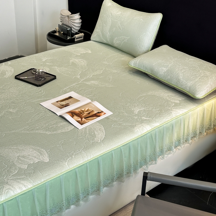 91家纺网 家纺一手货源 找家纺 布柔 2026新款PE床笠床裙凉席中分子双面提花复合凉豆豆软席二合一可机洗 花韵绿