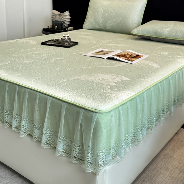 91家纺网 家纺一手货源 找家纺 布柔 2026新款PE床笠床裙凉席中分子双面提花复合凉豆豆软席二合一可机洗 花韵绿