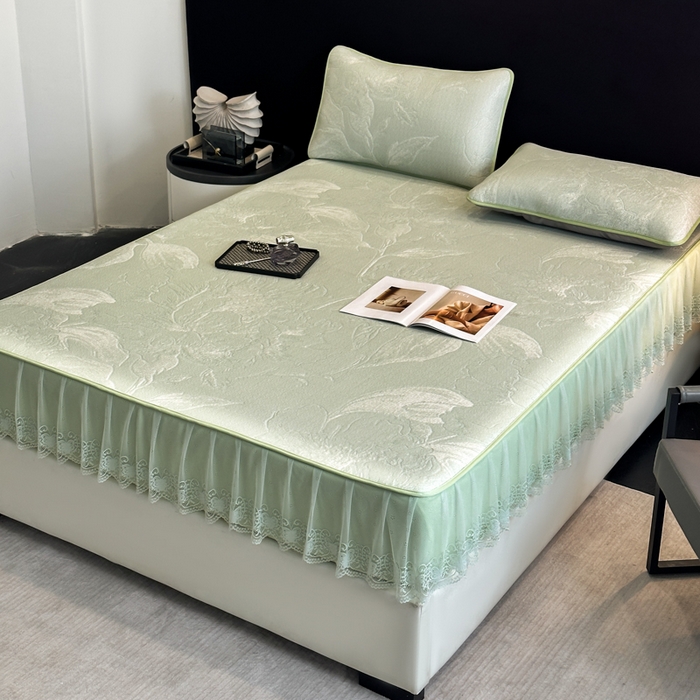 91家纺网 家纺一手货源 找家纺 布柔 2026新款PE床笠床裙凉席中分子双面提花复合凉豆豆软席二合一可机洗 花韵绿