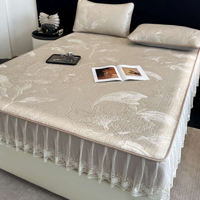 91家纺网 家纺一手货源 找家纺 布柔 2026新款PE床笠床裙凉席中分子双面提花复合凉豆豆软席二合一可机洗 花韵驼