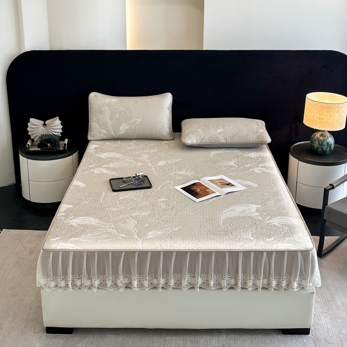 91家纺网 家纺一手货源 找家纺 布柔 2026新款PE床笠床裙凉席中分子双面提花复合凉豆豆软席二合一可机洗 花韵驼