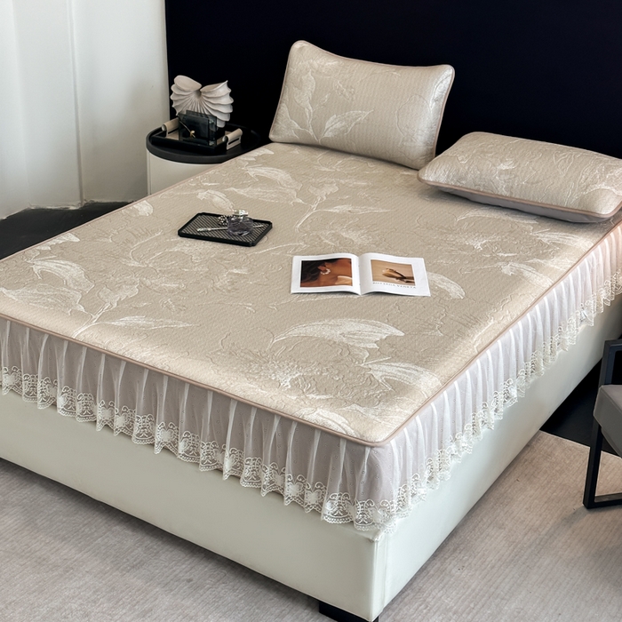 91家纺网 家纺一手货源 找家纺 布柔 2026新款PE床笠床裙凉席中分子双面提花复合凉豆豆软席二合一可机洗 花韵驼