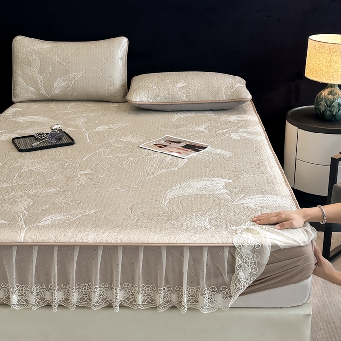 91家纺网 家纺一手货源 找家纺 布柔 2026新款PE床笠床裙凉席中分子双面提花复合凉豆豆软席二合一可机洗 花韵驼