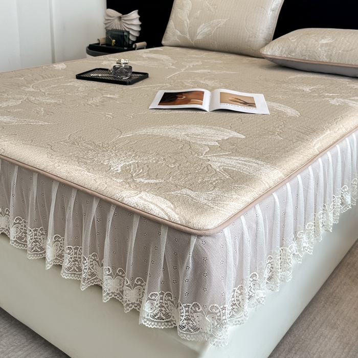 91家纺网 家纺一手货源 找家纺 布柔 2026新款PE床笠床裙凉席中分子双面提花复合凉豆豆软席二合一可机洗 花韵驼