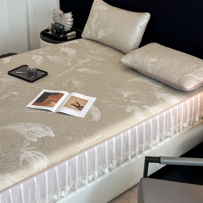 91家纺网 家纺一手货源 找家纺 布柔 2026新款PE床笠床裙凉席中分子双面提花复合凉豆豆软席二合一可机洗 花韵驼