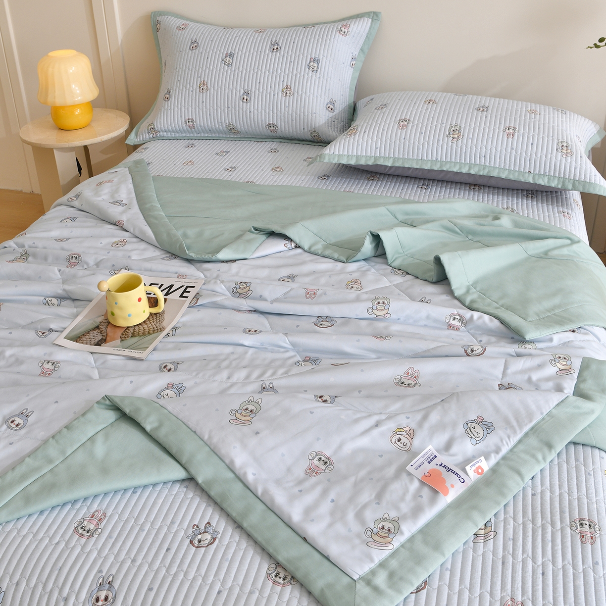 金艾草 2026新款莫代尔天丝印花夏被床盖四件套三件套 拉布布-蓝