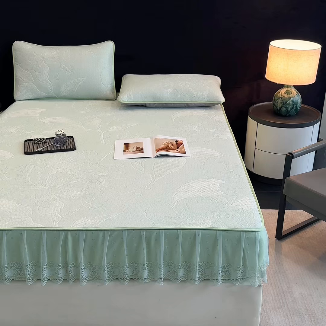 91家纺网 家纺一手货源 找家纺 布柔 2026新款PE床笠床裙凉席中分子双面提花复合凉豆豆软席二合一可机洗 花韵绿