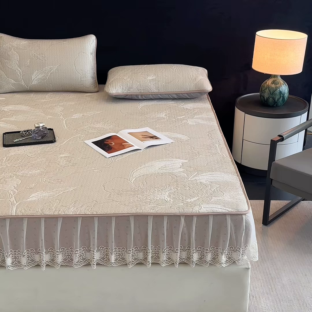 91家纺网 家纺一手货源 找家纺 布柔 2026新款PE床笠床裙凉席中分子双面提花复合凉豆豆软席二合一可机洗 花韵驼