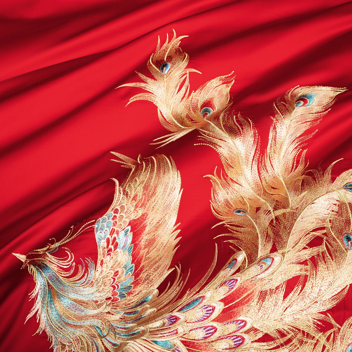 91家纺网 家纺一手货源 找家纺 柏拉图 2026新款100s长绒棉纯棉贡缎提花重工艺刺绣婚庆四件套多件套 喜嫁龙凤