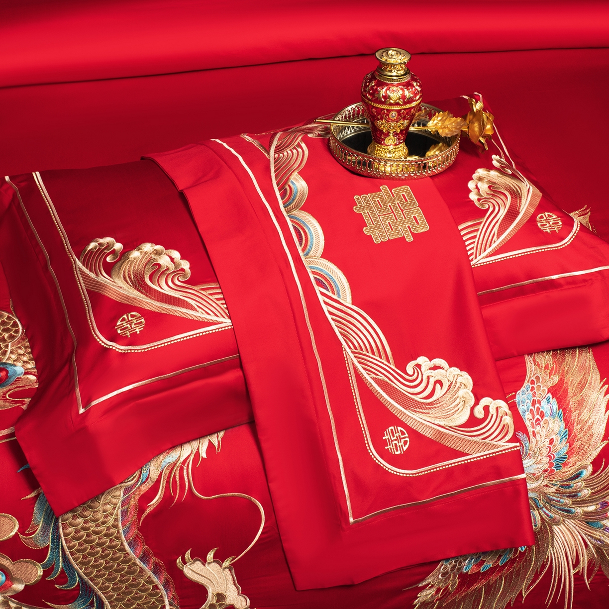 91家纺网 家纺一手货源 找家纺 柏拉图 2026新款100s长绒棉纯棉贡缎提花重工艺刺绣婚庆四件套多件套 喜嫁龙凤