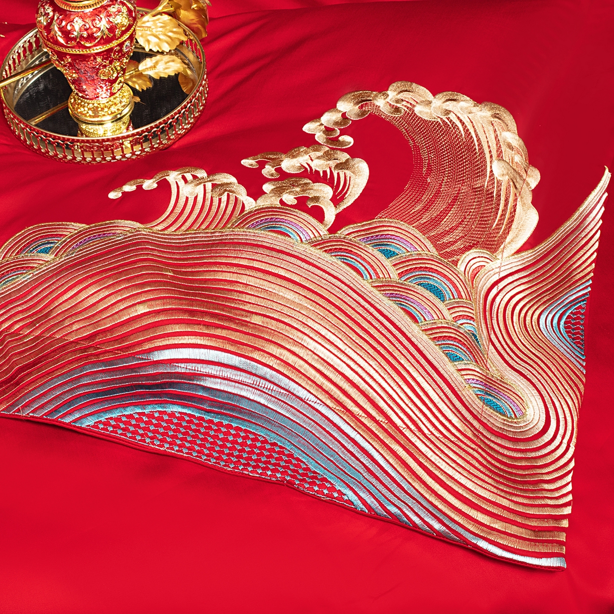 91家纺网 家纺一手货源 找家纺 柏拉图 2026新款100s长绒棉纯棉贡缎提花重工艺刺绣婚庆四件套多件套 喜嫁龙凤