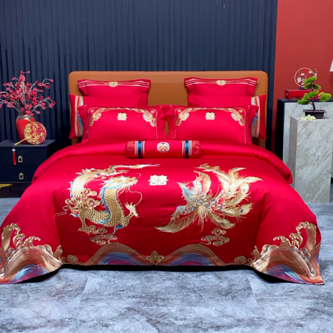 91家纺网 家纺一手货源 找家纺 柏拉图 2026新款100s长绒棉纯棉贡缎提花重工艺刺绣婚庆四件套多件套 喜嫁龙凤