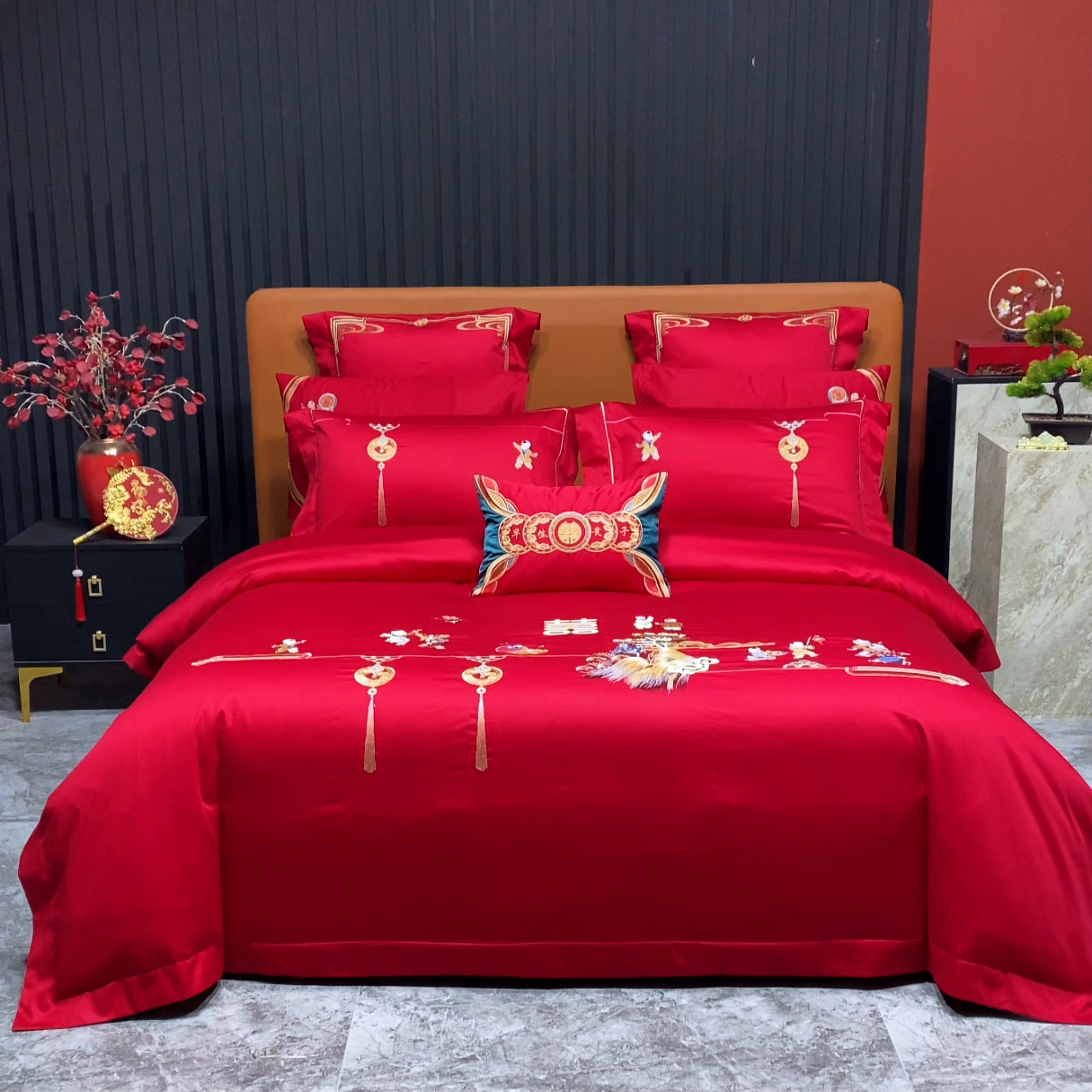 91家纺网 家纺一手货源 找家纺 （总）柏拉图 2026新款长绒棉纯棉贡缎全工艺刺绣婚庆四件套多件套