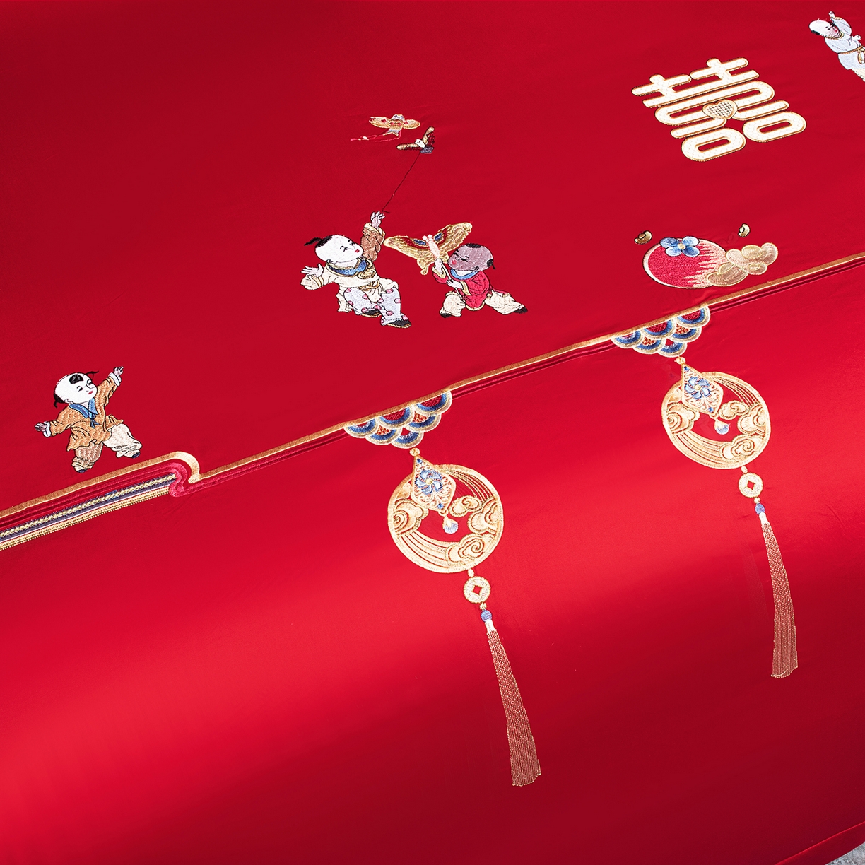 91家纺网 家纺一手货源 找家纺 （总）柏拉图 2026新款长绒棉纯棉贡缎全工艺刺绣婚庆四件套多件套