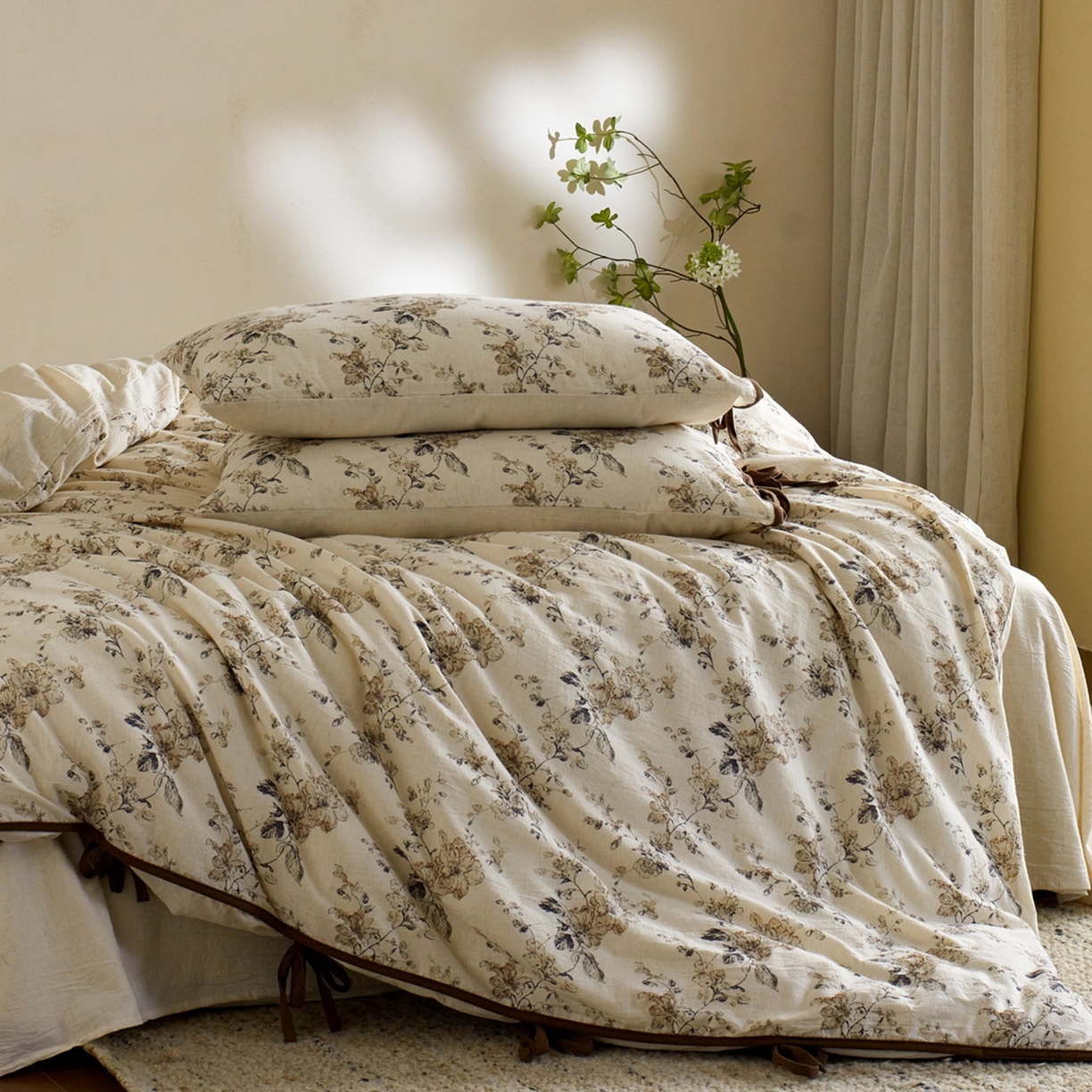 91家纺网 家纺一手货源 找家纺 由丽家纺 2026新款法式复古风棉麻绑带款四件套 古韵繁花