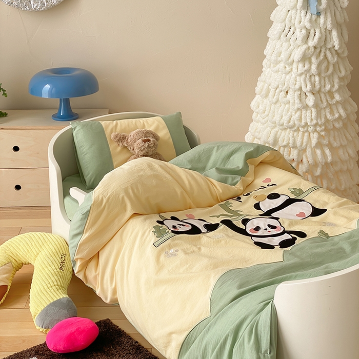 91家纺网 家纺一手货源 找家纺 宝贝优选 2026新款全棉水洗棉幼儿园学生三件套多件套 Happy熊猫