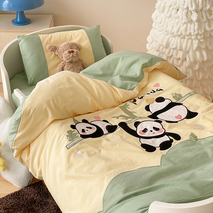 91家纺网 家纺一手货源 找家纺 宝贝优选 2026新款全棉水洗棉幼儿园学生三件套多件套 Happy熊猫