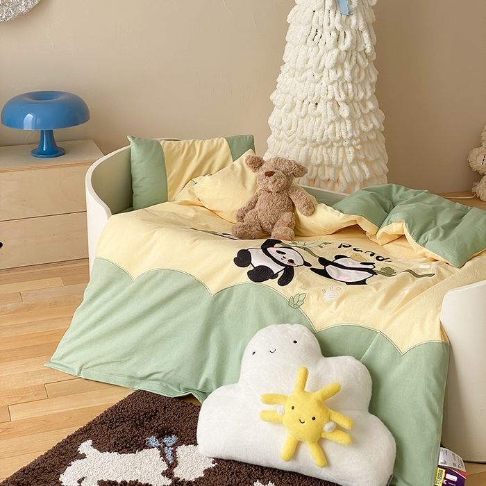 91家纺网 家纺一手货源 找家纺 宝贝优选 2026新款全棉水洗棉幼儿园学生三件套多件套 Happy熊猫