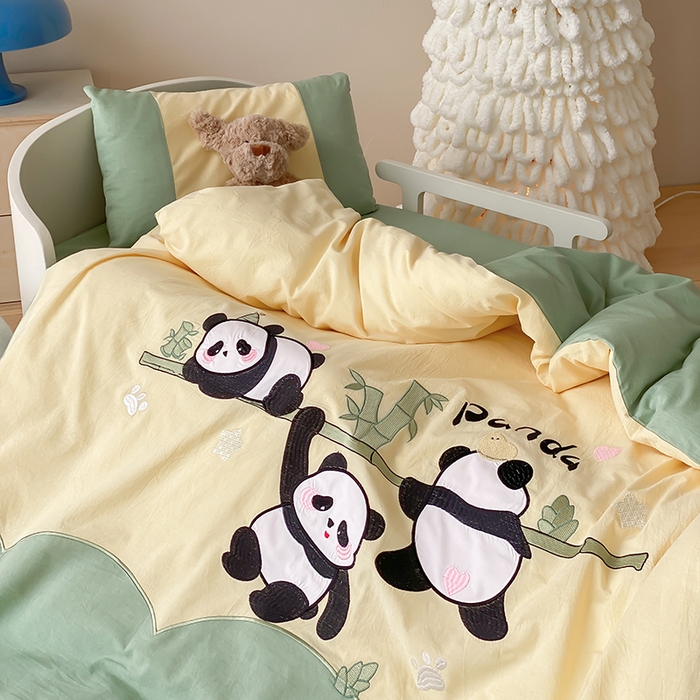 91家纺网 家纺一手货源 找家纺 宝贝优选 2026新款全棉水洗棉幼儿园学生三件套多件套 Happy熊猫