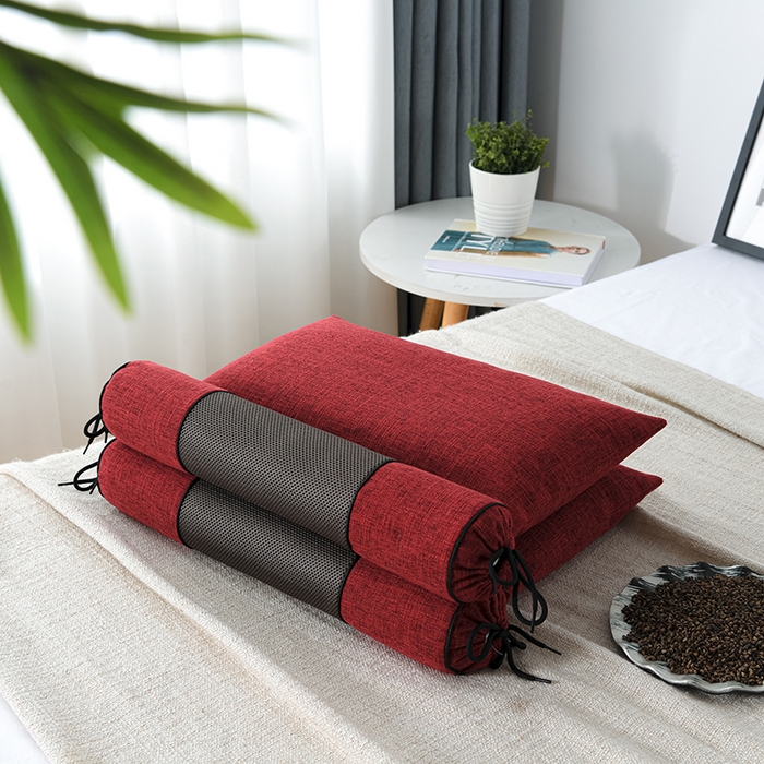 91家纺网 家纺一手货源 找家纺 仁宇枕业 2026新款新品枕头枕芯多功能组合式仿麻全荞麦护颈枕头枕芯 组合仿麻布枕红色