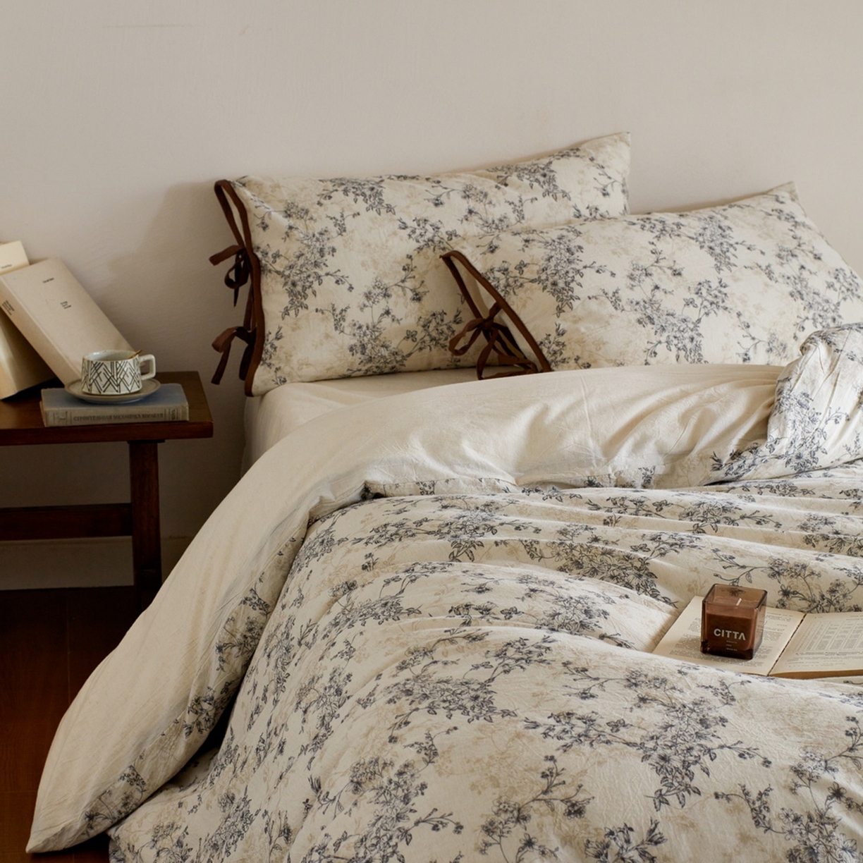 由丽家纺 2026新款法式复古风棉麻绑带款四件套 剪影-白