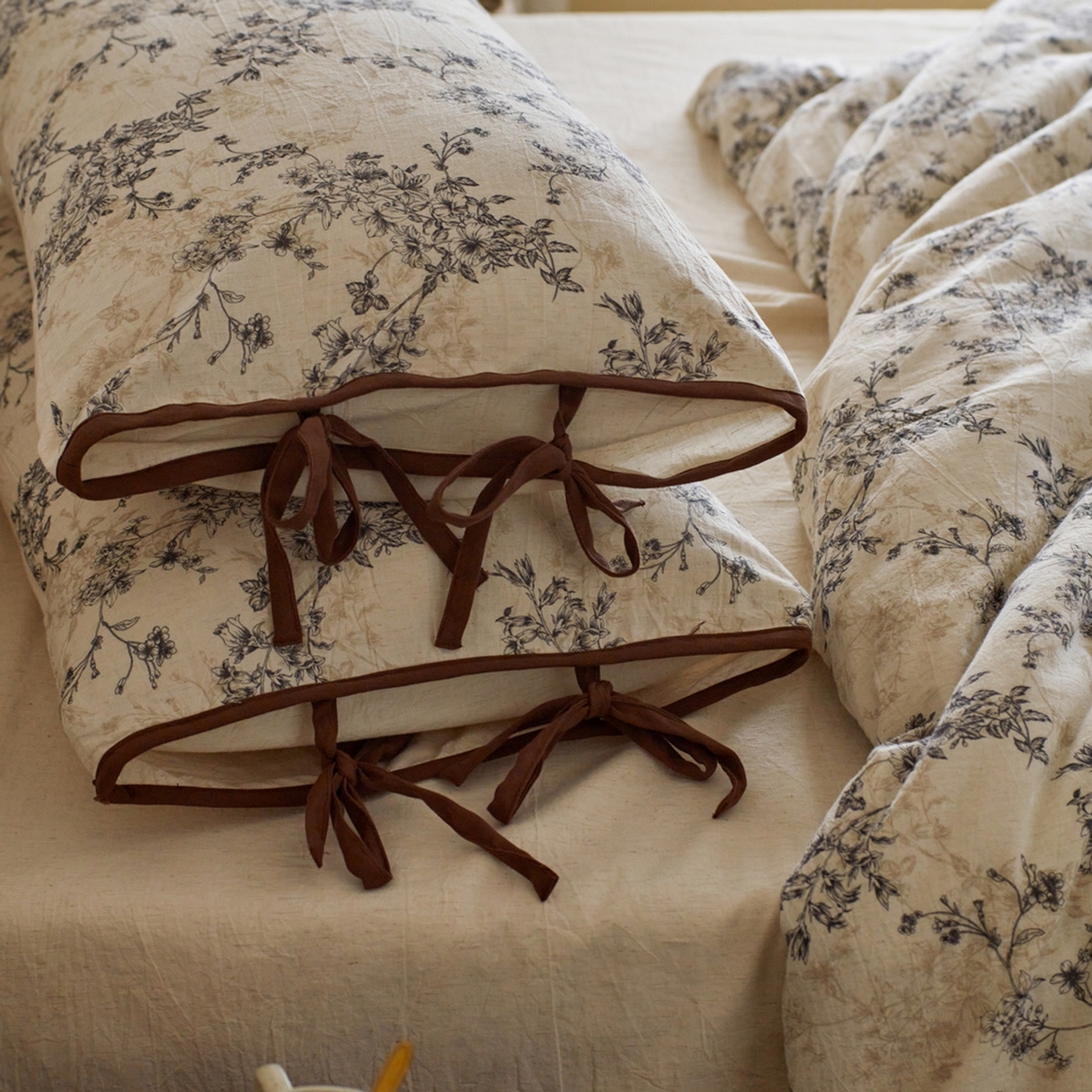 91家纺网 家纺一手货源 找家纺 由丽家纺 2026新款法式复古风棉麻绑带款四件套 剪影-白