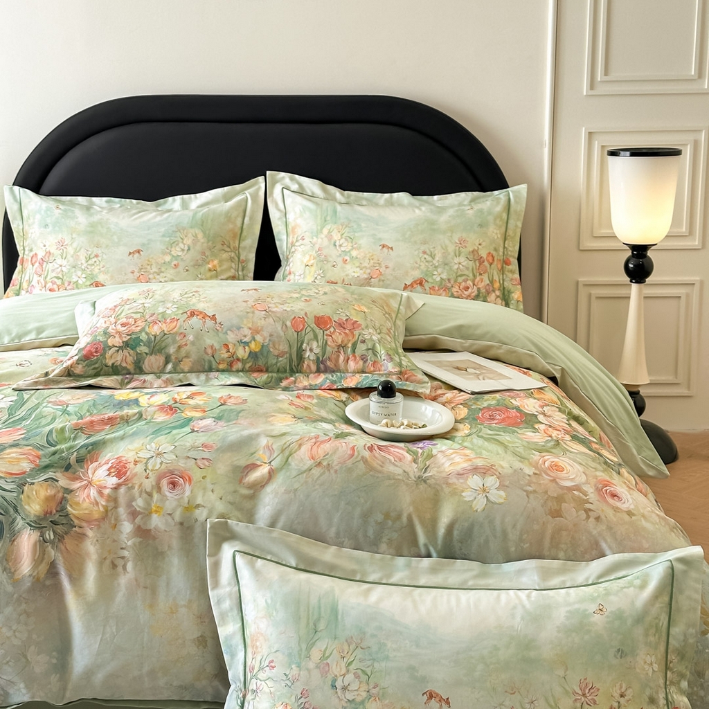 91家纺网 家纺一手货源 找家纺 启航家居 2026新款全棉纯棉数码印花四件套（控价198） 无茵之境绿