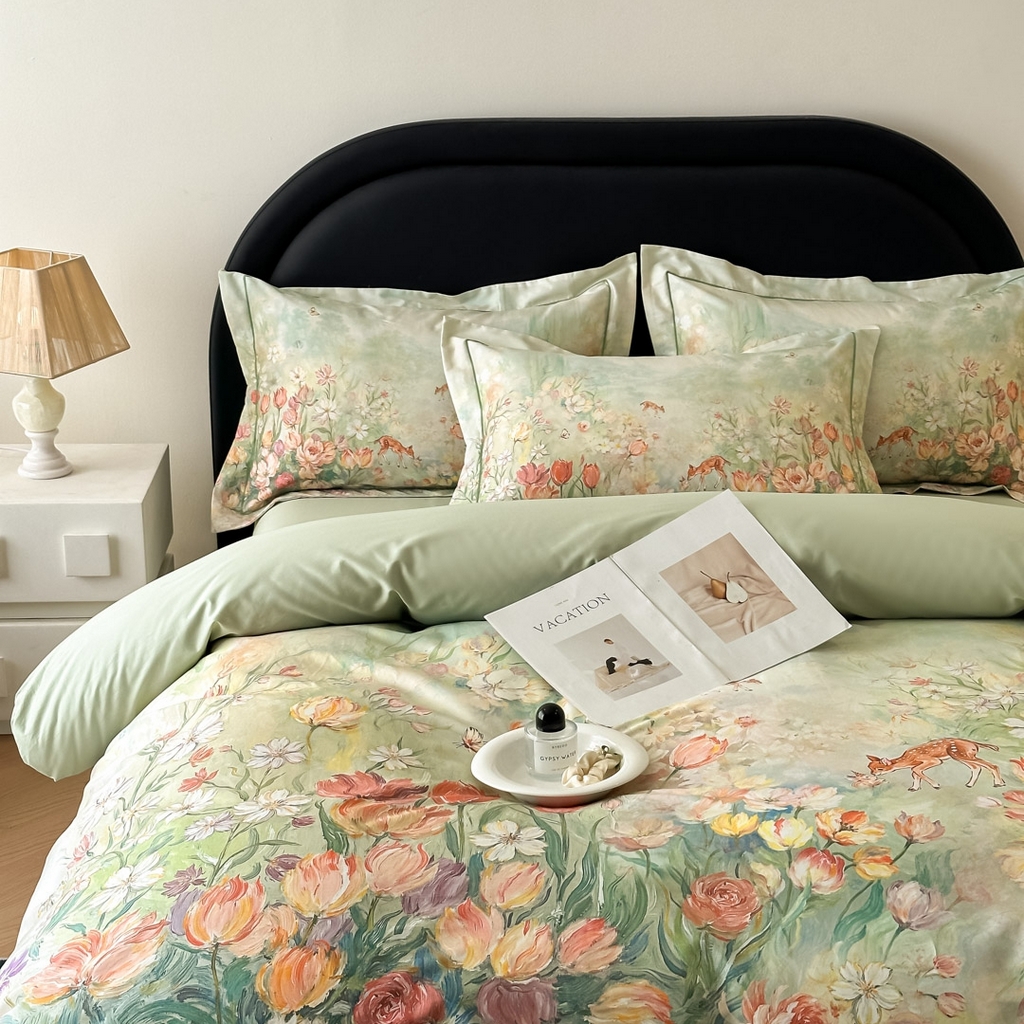 91家纺网 家纺一手货源 找家纺 启航家居 2026新款全棉纯棉数码印花四件套（控价198） 无茵之境绿