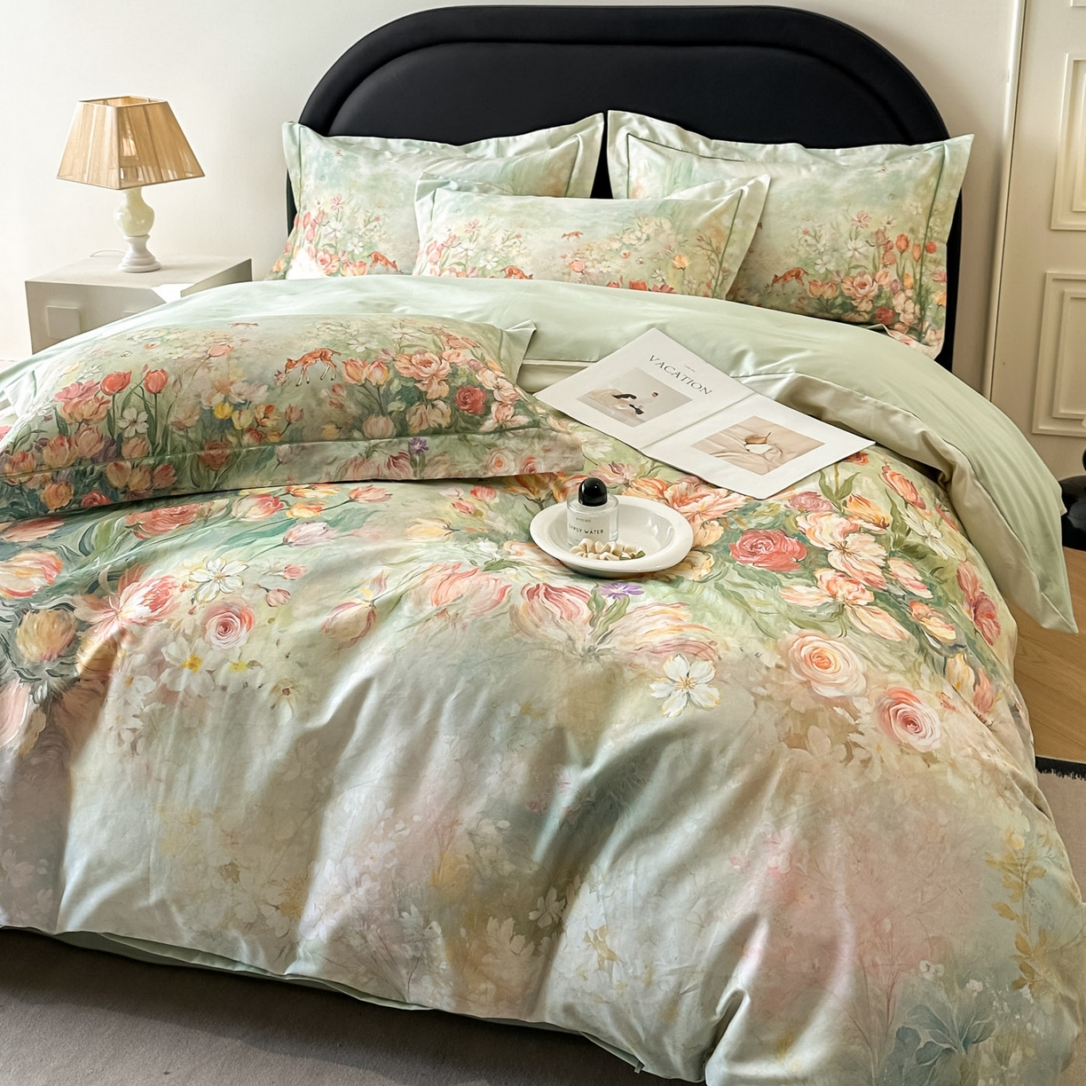 91家纺网 家纺一手货源 找家纺 启航家居 2026新款全棉纯棉数码印花四件套（控价198） 无茵之境绿