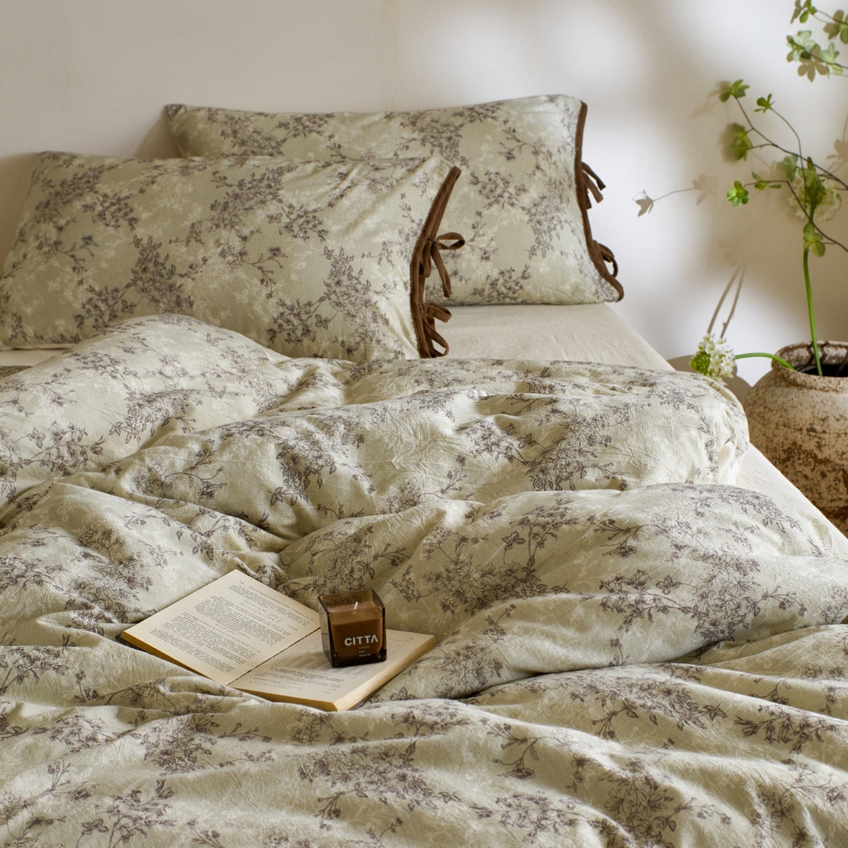 由丽家纺 2026新款法式复古风棉麻绑带款四件套 剪影-绿