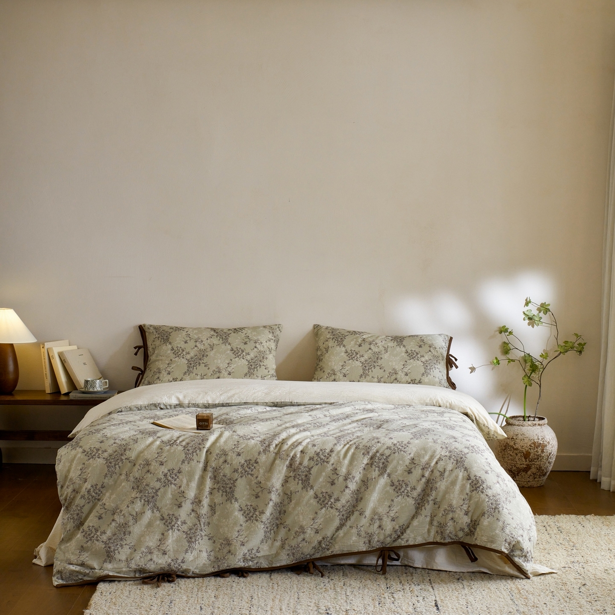 91家纺网 家纺一手货源 找家纺 由丽家纺 2026新款法式复古风棉麻绑带款四件套 剪影-绿