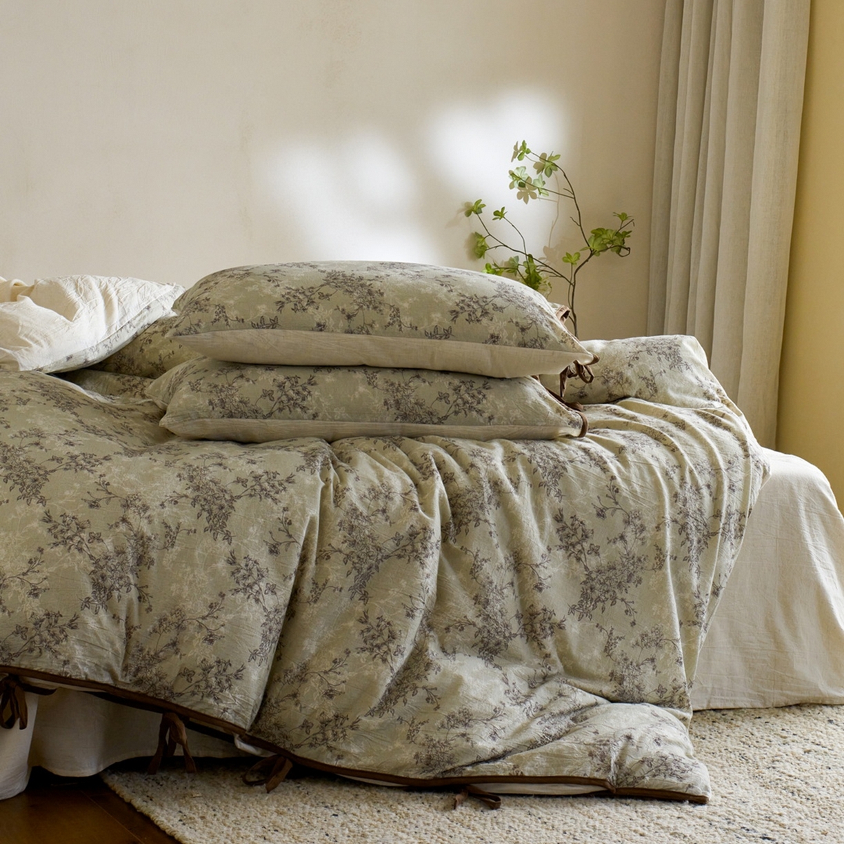 91家纺网 家纺一手货源 找家纺 由丽家纺 2026新款法式复古风棉麻绑带款四件套 剪影-绿