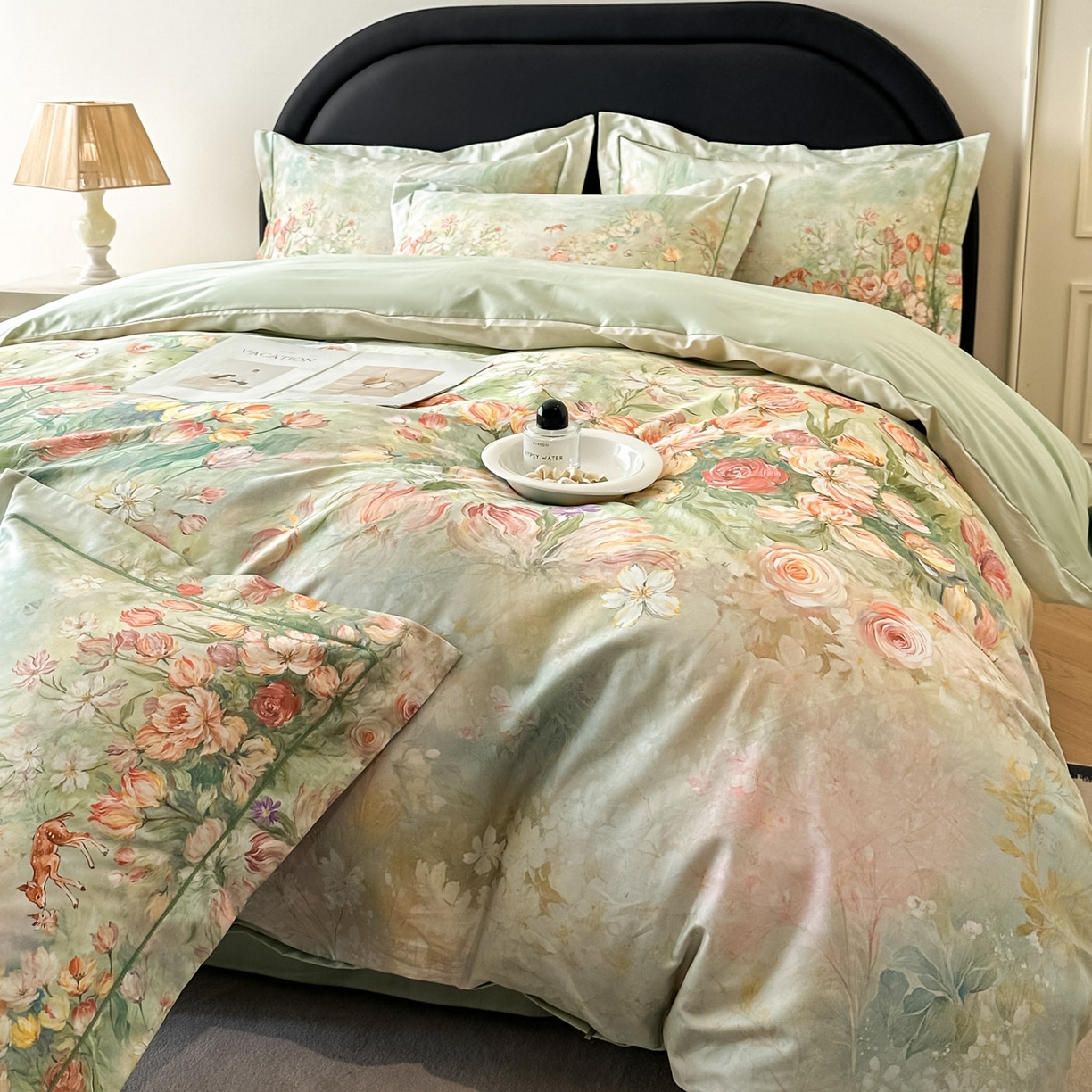 91家纺网 家纺一手货源 找家纺 启航家居 2026新款全棉纯棉数码印花四件套（控价198） 无茵之境绿