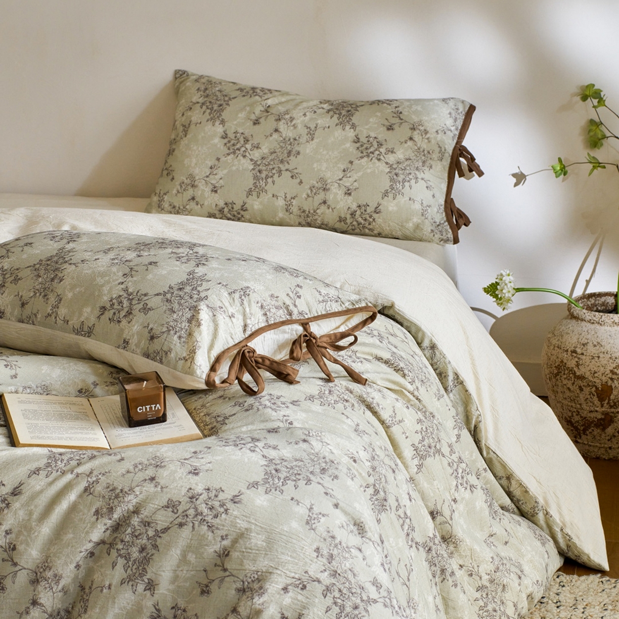 91家纺网 家纺一手货源 找家纺 由丽家纺 2026新款法式复古风棉麻绑带款四件套 剪影-绿