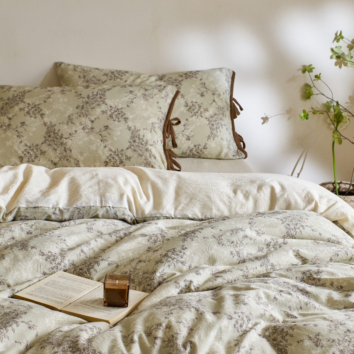 91家纺网 家纺一手货源 找家纺 由丽家纺 2026新款法式复古风棉麻绑带款四件套 剪影-绿