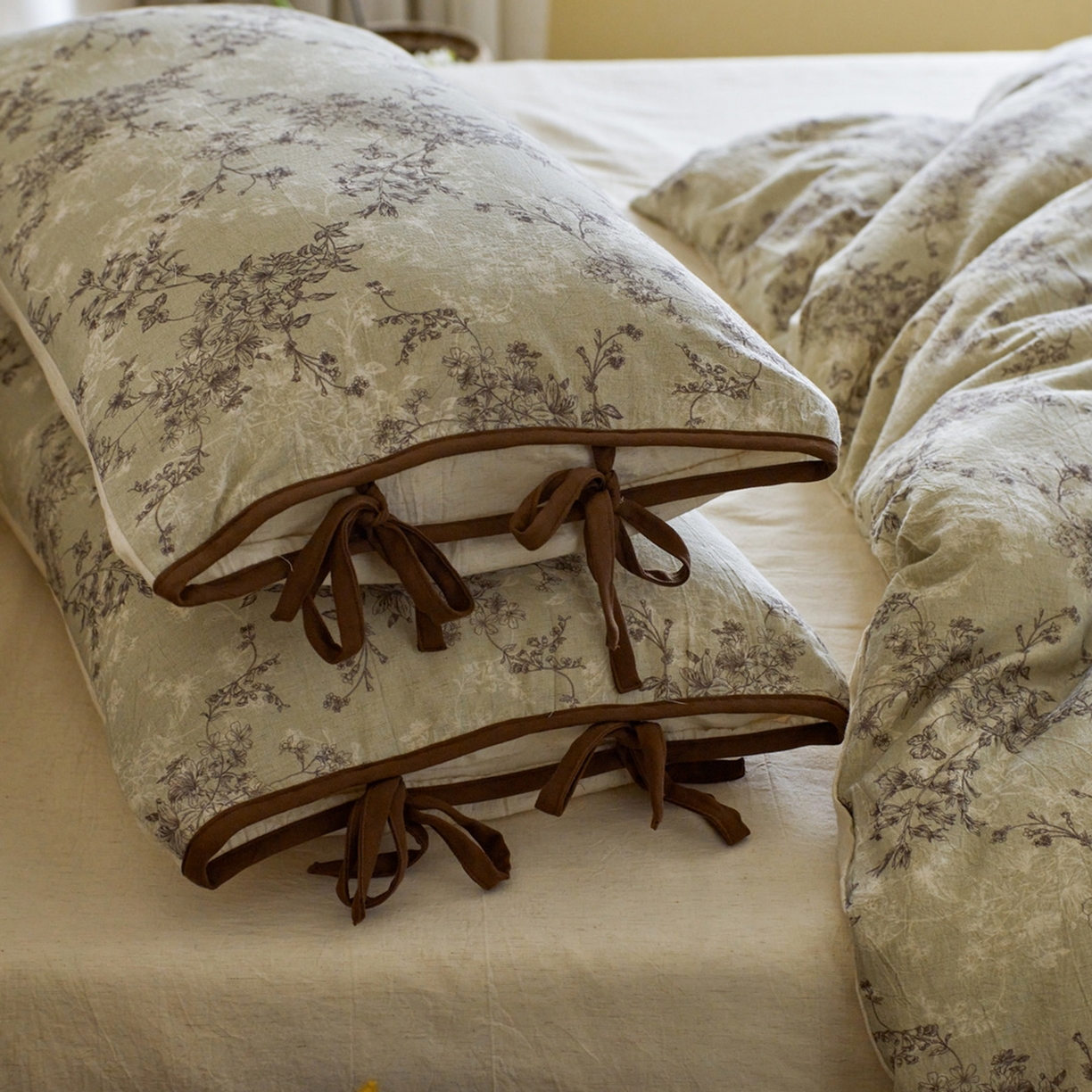 91家纺网 家纺一手货源 找家纺 由丽家纺 2026新款法式复古风棉麻绑带款四件套 剪影-绿